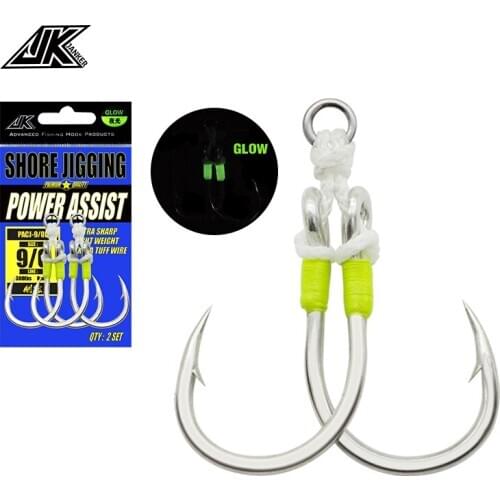 JK PACJ Fishing Power Twin Assist Hooks Set 1/0-11/0 Luminous Heavy Jig Hook Boat Fishing Accessories Saltwater Fishhooks