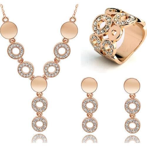 Cheap Wedding Jewelry Sets Circle Design Long Pendant Necklace Choker Finger Ring Austrian Crystal Dangle Earrings Set for Women