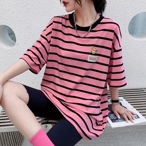 New female t shirt short sleeve summer Stripe printing loose mid-length tide student clothes Harajuku woman t shirt