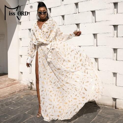 Missord 2021 Summer Plus Size Women Dress V Neck Long Sleeve Belt Side Split Feather Print Maxi Party Dresses Curve Vestdios