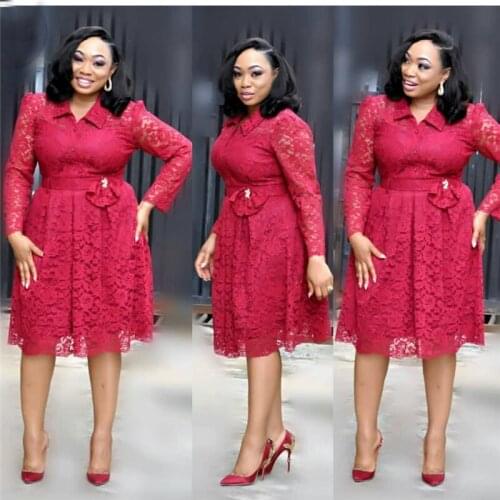 HOUSEOFSD African Office Ladies Tunics Dresses For Women Summer Hollow Out Long Sleeve Lace Applique Retro A Line Midi Dress