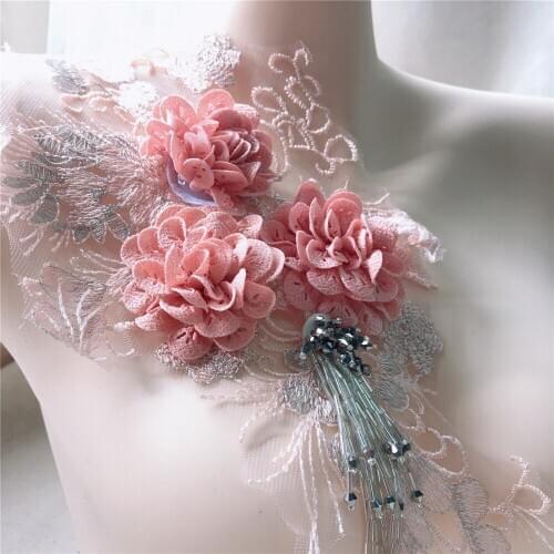 Pink lace Applique 3D Flower Beaded Tassels Lace Applique 3D Flower Lace collar DIY Neckline Sequins Sewing Wedding dress Patch