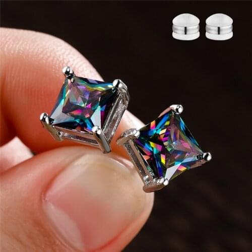 Boho Silver Color Multicolor Birthstone Earrings 7MM Square Crystal Stone Earrings Mystic Rainbow Zircon Stud Earrings For Women