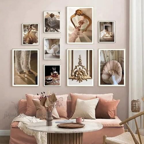 Nordic Palace Princess Crystal High Heels Wedding Dress Perfume Fashion Poster Wall Art Canvas Painting for Living Room Decor