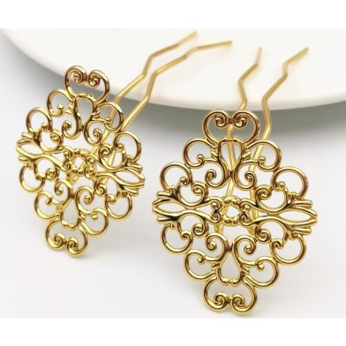 10pcs 36*30MM Flowers Slice Brass Silver/Gold Color U-shaped HairPins DIY Hair Jewelry Settings Hair clips Accessory Findings