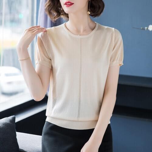 Short Sleeve T-shirt Womens Korean Summer Bright Silk Top Tee Clothes Female Loose Round Collar Solid Color T-shirts Wear H9302