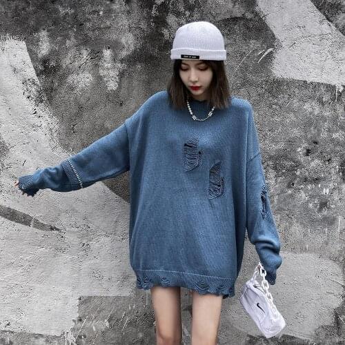 Distress Broken Design Nice Fashion Gothic Long Sleeve Top Streetwear Winter Clothes Punk Goth Plus Size Woman Sweaters