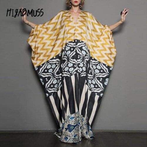 Spring And Summer New Womens Middle East Large Size Loose Holiday Dress Long Skirt Muslim Printing Casual Robe Women