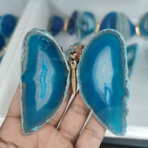 1PC Natural Blue Agate Slice Butterfly Stones Quartz Crystal Home Decor Gift