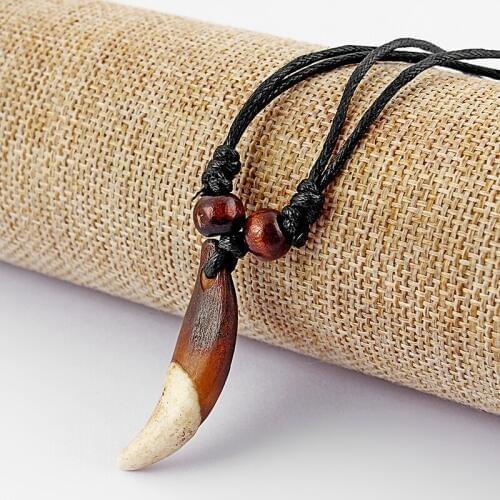 1pcs Faux Yak Bone Brown Tooth/Teeth Charms Pendant Necklace Black Wax Cotton Cord Adjustable Necklace