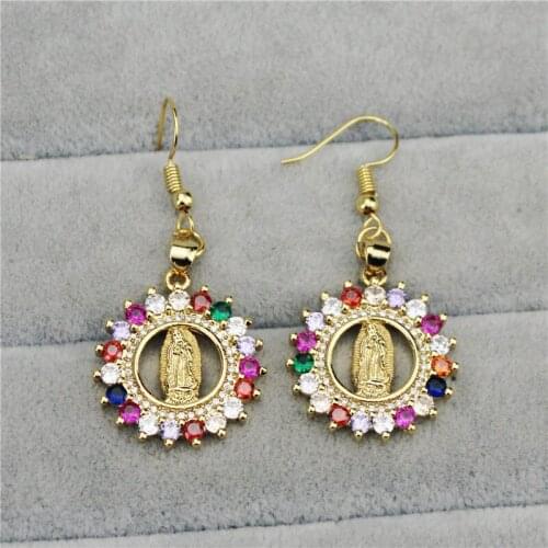 10pair/lot Fashion rainbow Virgin Mary cz earring,popular religion cubic zircon charm,new design earring cheap wholesale