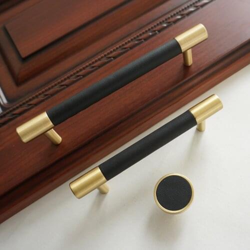 3.75" 5" Black Leather Drawer Handles Round Dresser Knob Copper Door Pulls Brass Modern Stylish Kitchen Cabinet Handle 96 128mm