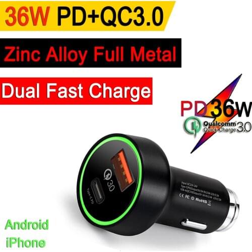 36W Car USB C PD Charger Zinc Alloy Type C Quick Charger for iPhone 12 Pro Max 11 8 XS XR Xiomi Xiaomi QC 4 3 USB Auto Chargers
