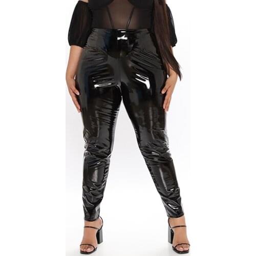 Plus Size Shiny Patent Leather Pants Women High Waist Bodycon PU Leather Trousers Ladies Sexy Stretch Pencil Pants Back Zip 5XL