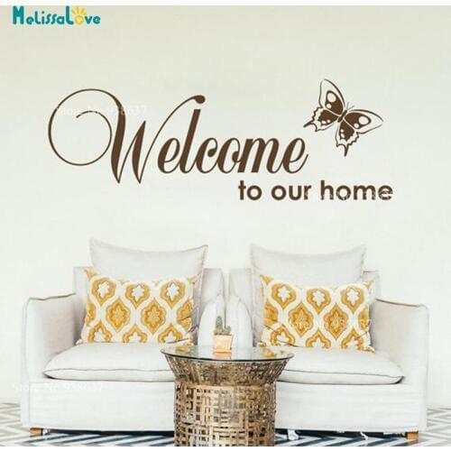 Welcome To Our Home Butterfly Sticker Quote Decal Home Window Front Door Decoration Reception Sign B926