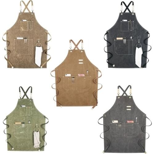 Chef Apron Cotton Canvas Cross Back Adjustable Apron with Cooking Baking Apron
