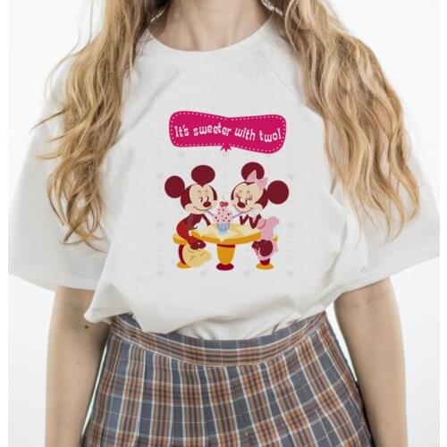 Kawaii Tees Women T Shirt Minnie Mickey Mouse Print T-shirts Casual White Short Sleeve Girls Tops Summer Female O-neck Clothes