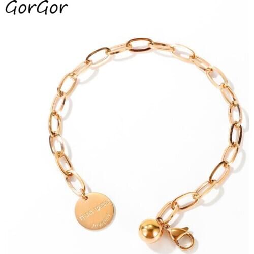 GorGor Women Chain Bracelet Round Letters Tag Beads Lobster Metal Buckle Stainless Steel Ladies Fashion Accessories 1082