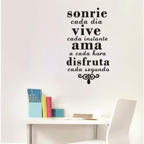 Spanish Inspirational Quotes Wall Art Sticker Smile Everyday Live Every Moment Vinyl Art Mural Wall Decals Home Decoration