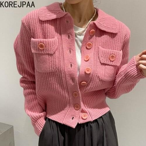 Korejpaa Double Pockets Women Cardigan Autumn New Fashion Turn-down Collar Long Sleeve Button Up Slim Waist Knitted Sweater