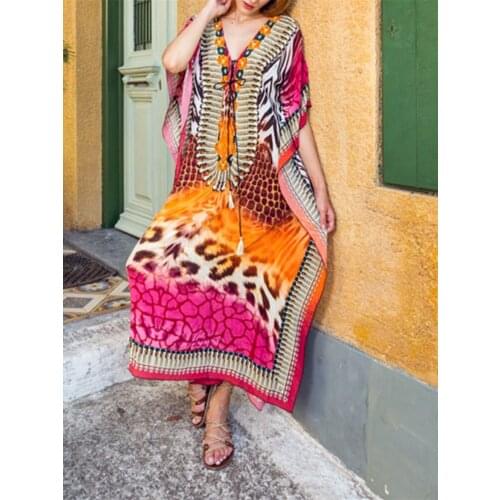 Red Leopard Dot Long Skirt Cover Up Dress Beach Blouse Seaside Vacation Robe Bikini Swimsuit Outer Blouse Sun Protection Shirt