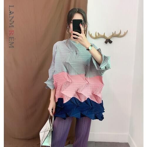 LANMREM Green Contrast Stand Collar Cropped Sleeve Pleated Woman Long T-Shirt Casual Simple Fashion 2021 Autumn New TV723
