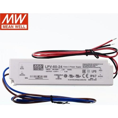 LPV-60-24 MEAN WELL LED driver 110/220VAC to 24V DC 2.5A 60W waterproof IP67 Constant Voltage LED Switching Power Supply