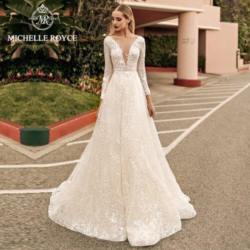Michelle Royce A-Ling Wedding Dresses 2020 V-Neckline Long Sleeve Appliques Backless Chapel Train Bridal Gowns Vestido De Noiva