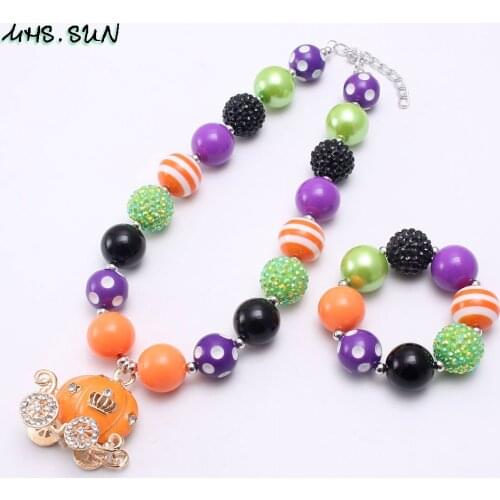 MHS.SUN Newest Halloween Girls Chunky Necklace Bracelet Crystal Pumpkin Carriage Pendant Necklace For Baby Children Gift