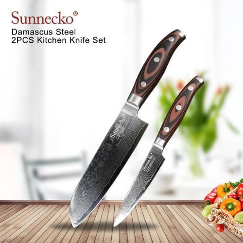 Sunnecko 2PCS Kitchen Santoku Utility Knife Set Cutting Tools Japanese Damascus VG10 Steel Sharp Pakka Wood Handle X-mas Gift