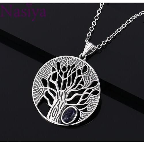 Natural Blue Sandstone Moonstone Life Tree Pendant Necklace Women Fine Sterling Silver 925 Jewelry Birthday Anniversary Gift