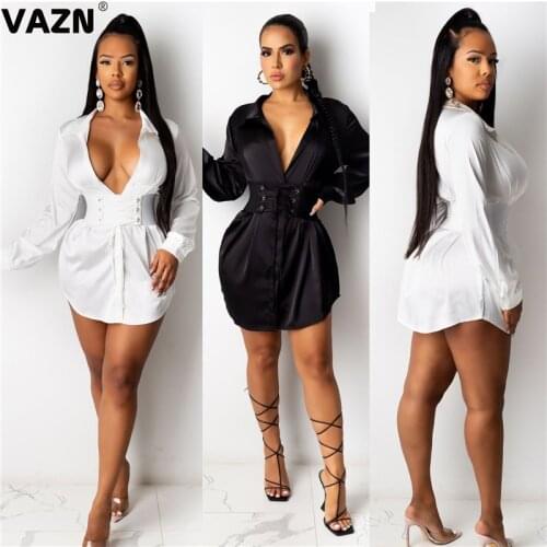 VAZN New 2020 Pleated Chic Ladies Slim Elegant Dress Full Sleeve Solid Deep V-neck Stretchy Package Hip Bodycon Mini Dress