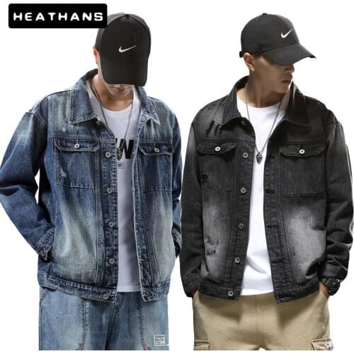 New Spring Autumn Mens Hole Denim Jacket Men Loose Solid Color Jean Jacket Mens Korean Casual Denim Clothing Size M-6XL Men Top