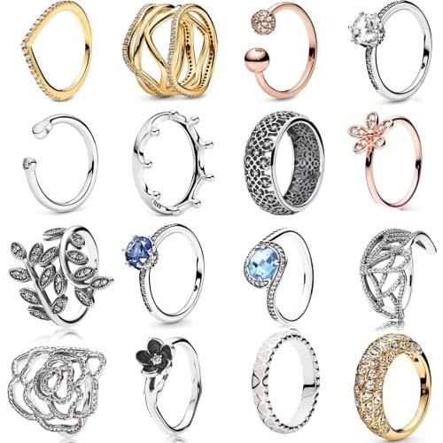 NEW 2019 100% 925 Sterling Silver Shine Swirling Lines Clear Sparkling Crown Ring for Europe Women Original Fashion Jewelry Gift