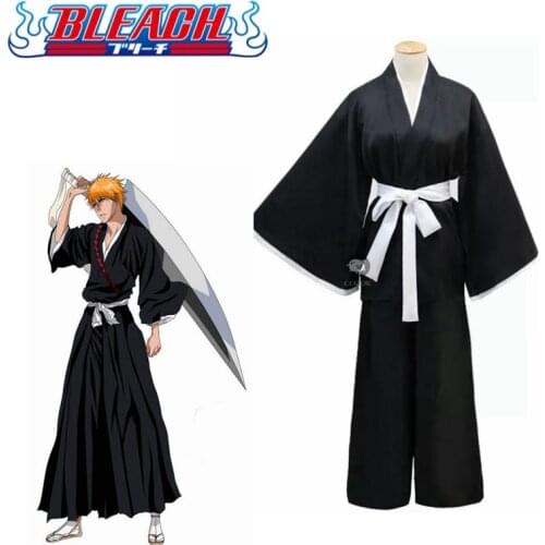 Japanese Anime Bleach Samurai Ichigo Costume Kimono Coat Warrior Ninja Shinigami Death Cosplay Gown Robe Outfit For Adult Men