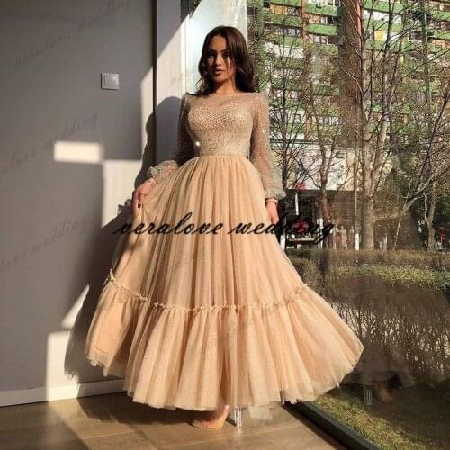 Cjampagne Sequins Long Sleeves Prom Dress Ankle Length 2021 A Line Saudi Arabic Graduation Party Wear