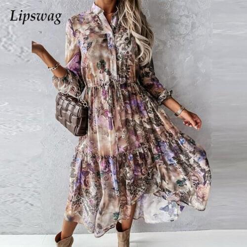 Sexy V Neck Button Ruffle Long Dress Women Printed Drawstring Lace-Up Party Dress Ladies Casual Elegant Long Sleeve Autumn Dress