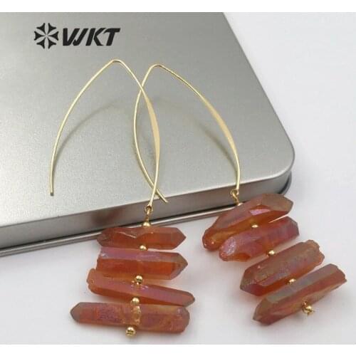 WT-E506 Random Size Titanium Quartz Earring Black Brown Pink Blue Colors Quartz Pendant Inlay Metal Ear Wire Fashion Earring