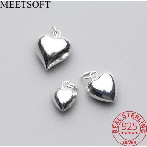 MEETSOFT 10/12/14MM Glossy Heart Charms Classic Design Necklace Making Finding 100% Sterling Silver Jewelry Accessory