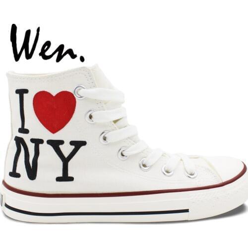 Wen Men Womens Hand Painted Shoes Design Custom I Love New York City White High Top Canvas Sneakers Christmas Birthday Gifts
