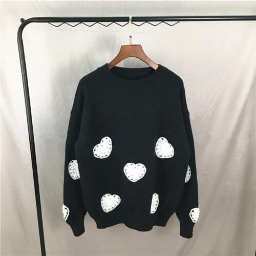 Autumn Winter Womens T-Shirt Embroidery Love Nail Pearl Top Pullover Sweet Bottomed Sweater
