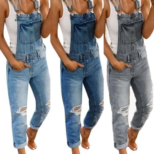 Women Jumpsuits Spring Autumn Hole Denim Pants Loose Dungarees Strappy Romper Ladies Overalls Jumpsuit Ripped Jeans