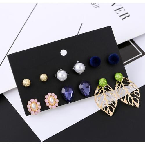 6 Pairs/Set 2019 Fashion Round White Pearl Stud Earrings For Women Water Drop Shape Blue Crystal Earring Set Mixed Jewelry Gifts