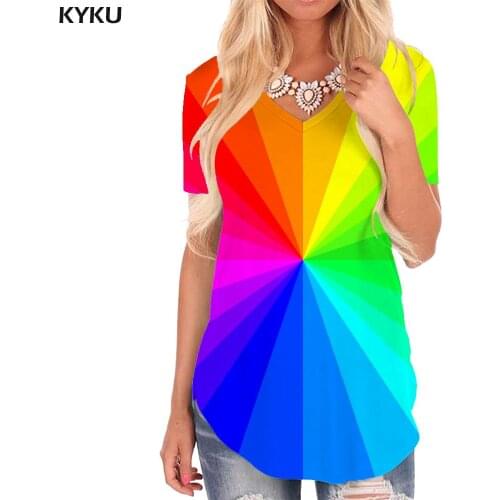 KYKU Colorful T-shirt women Rainbow Funny T shirts Art T-shirts 3d Psychedelic V-neck Tshirt Womens Clothing Punk Rock Loose