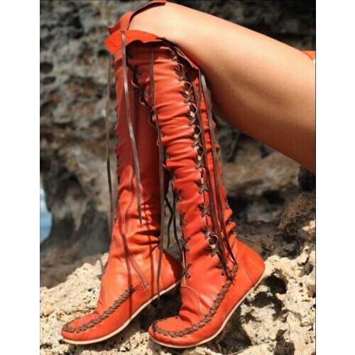 Women Boots Knee-high Lace-up Flat With Tie Up Fashion Hot Sale Round Toe Flat Boots Solid Round Toe Rome Women Boots