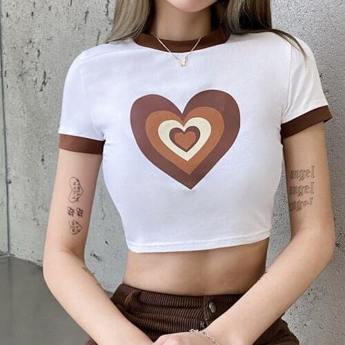 Women Cute Y2K Graphic Heart Print Crop Top Round Collar Short Sleeve Slim Fit T-Shirt Aesthetic Tee Tops E-Girl Clothing