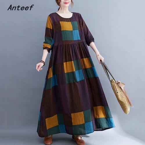 Anteef long sleeve cotton vintage plaid dresses for women casual loose woman summer spring autumn dress elegant clothes 2021