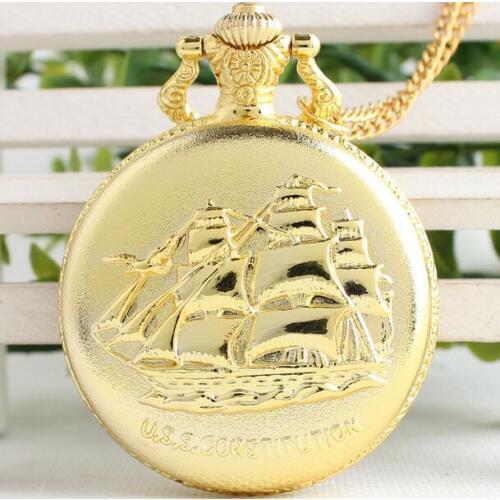 Golden Smooth sailing antique woman and men collection Good quality gift pockte watch and fob chain gift PO6215