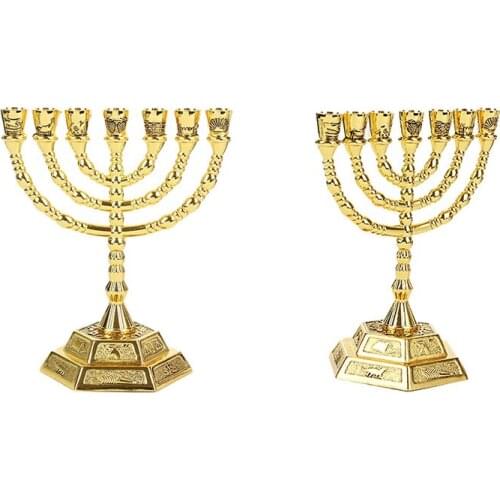 Golden Jewish Menorah Candle-Holders Religions Candelabra Hanukkah Candlesticks 7 Branch Menorah