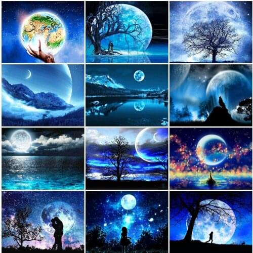 AZQSD Diamond Art Painting Moon Seaside Cross Stitch Kits Rhinestones Diamond Embroidery Landscape Mosaic Handmade Home Decor